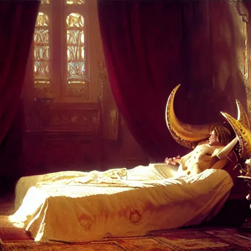 Prompt: the catholic pope in his bed, scared, because a horned shadow demon is approaching him. highly detailed painting by gaston bussiere, greg rutkowski, craig mullins 8 k