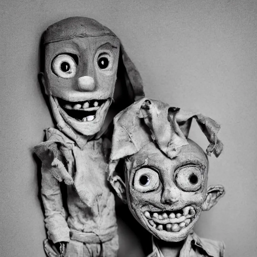 Image similar to creepy ventriloquist dummy in the style of roger ballen, 4 k, bw, portrait