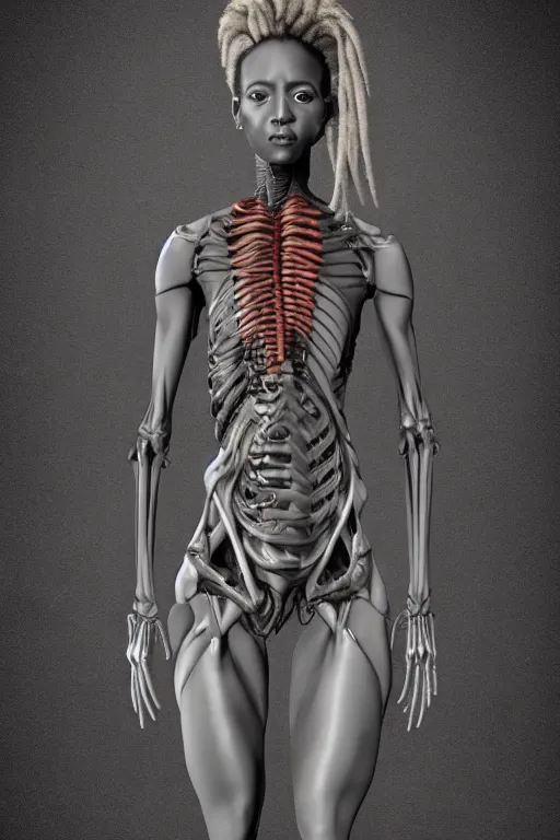 Image similar to symmetry!! full body african female anatomy concept, dreadlocks, medical anatomy, cybernetic limbs, gun metal grey, nano machine, muscular system reference, aluminum skeleton, anatomical art, digital art, in the style of amanda lilleston, luka mivsek, bryan christie, ranjit ghosh, artstation, pinterest, deviantart, photoshop, unreal engine