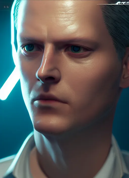 Image similar to highly detailed portrait of johan liebert in cyberpunk 2 0 7 7, stephen bliss, unreal engine, greg rutkowski, loish, rhads, beeple, makoto shinkai and lois van baarle, ilya kuvshinov, rossdraws, tom bagshaw, alphonse mucha, global illumination, god rays, detailed and intricate environment