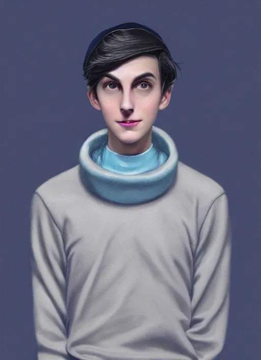 Image similar to portrait of teenage jughead jones wearing a light grey crown, crown, blue turtleneck, 1 9 5 0 s, closed eyes, photorealistic, black hair, glowing lighting, intricate, elegant, glowing lights, highly detailed, digital painting, artstation, concept art, smooth, sharp focus, illustration, art by wlop, mars ravelo and greg rutkowski