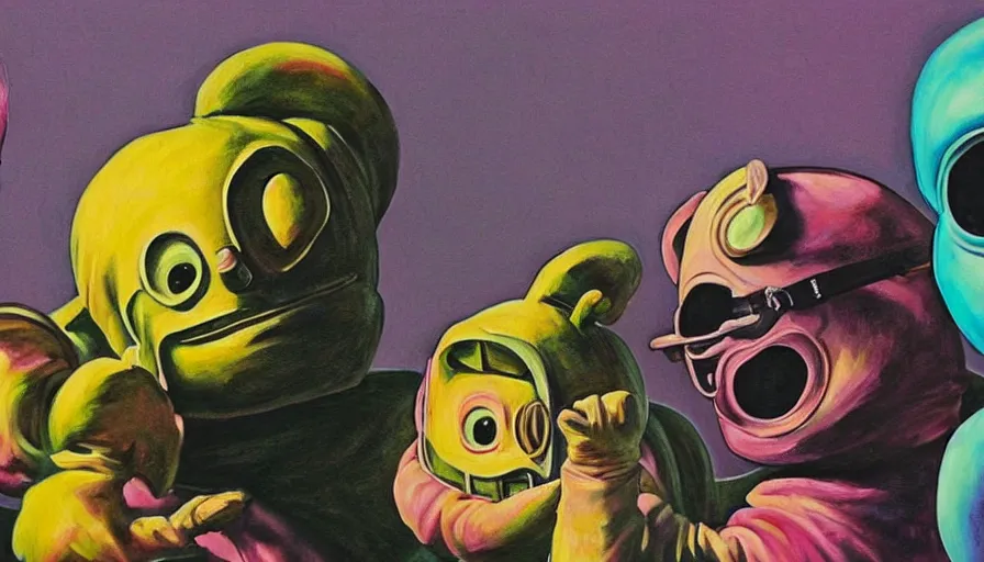 Prompt: beautiful lifelike painting of mf doom performing with the teletubbies, hyperreal detailed facial features and uv lighting, art by ed roth and basil wolverton