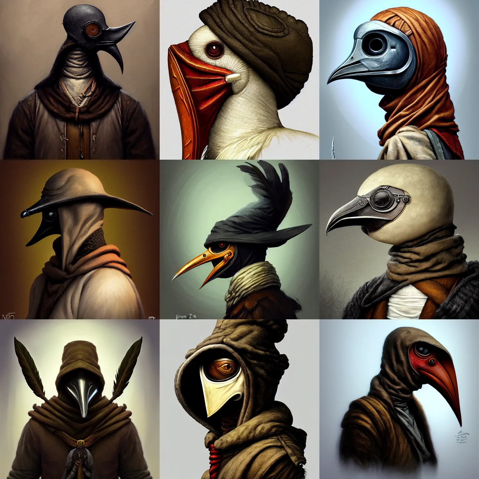 Prompt: rpg! profile! portrait of clay humanoid bird on white background, beak, feathers, clothes, d & d, plague doctor, intricate, highly detailed, digital painting, artstation, concept art, smooth, sharp focus, illustration, art by norman rockwell emiliano ponzi andrey remnev yoann lossel aaron jasinski, 8 k