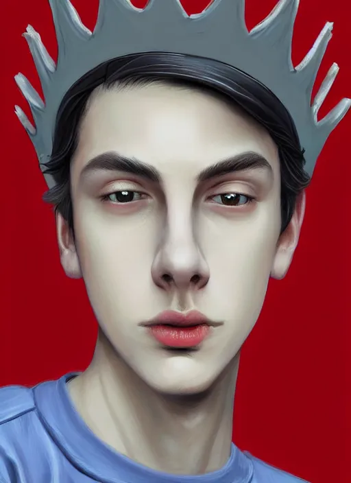 Prompt: portrait of teenage jughead jones wearing a light grey crown, photorealistic, crown, crown with badges on it, crown with red and white pin badge, eyes closed, crown, black hair, intricate, elegant, highly detailed, digital painting, artstation, concept art, smooth, sharp focus, illustration, art by wlop, mars ravelo and greg rutkowski