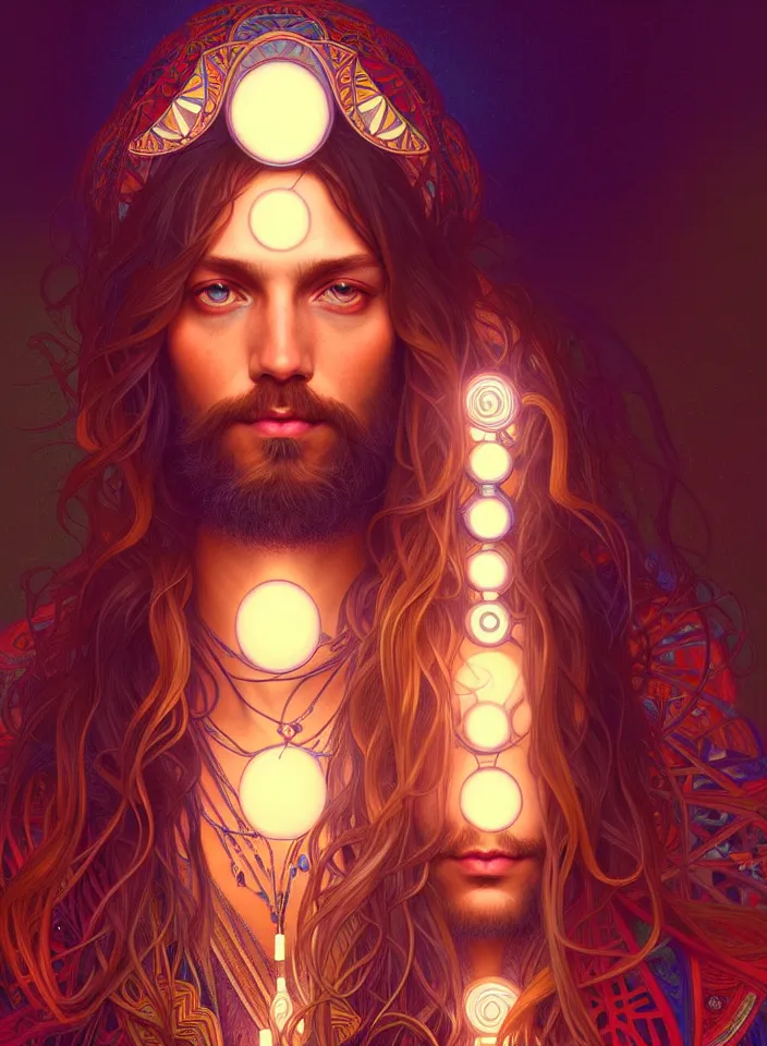 Image similar to symmetry!! portrait of a hippie man, boho outfit, glowing lights!! ambient, intricate, elegant, highly detailed, digital painting, artstation, symmetric concept art, smooth, sharp focus, illustration, art by artgerm and greg rutkowski and alphonse mucha, 8 k