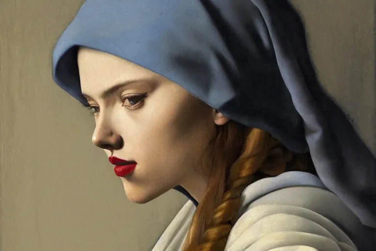 Image similar to beautiful portrait of scarlett johansson painted by vermeer