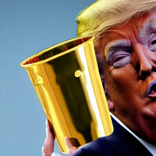 Image similar to candid color photo of Donald Trump hiding from the fbi behind a gold vase, accurate faces, 4k photo