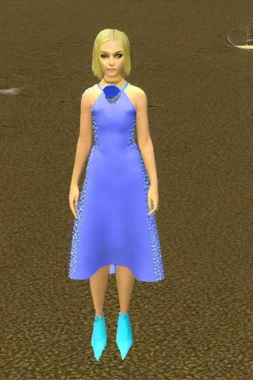 Image similar to beautiful blonde model wearing valentino resort ss 2 0 1 6 dress in a lofi 3 d psx rpg style, fashion gameplay screenshot, highly detailed