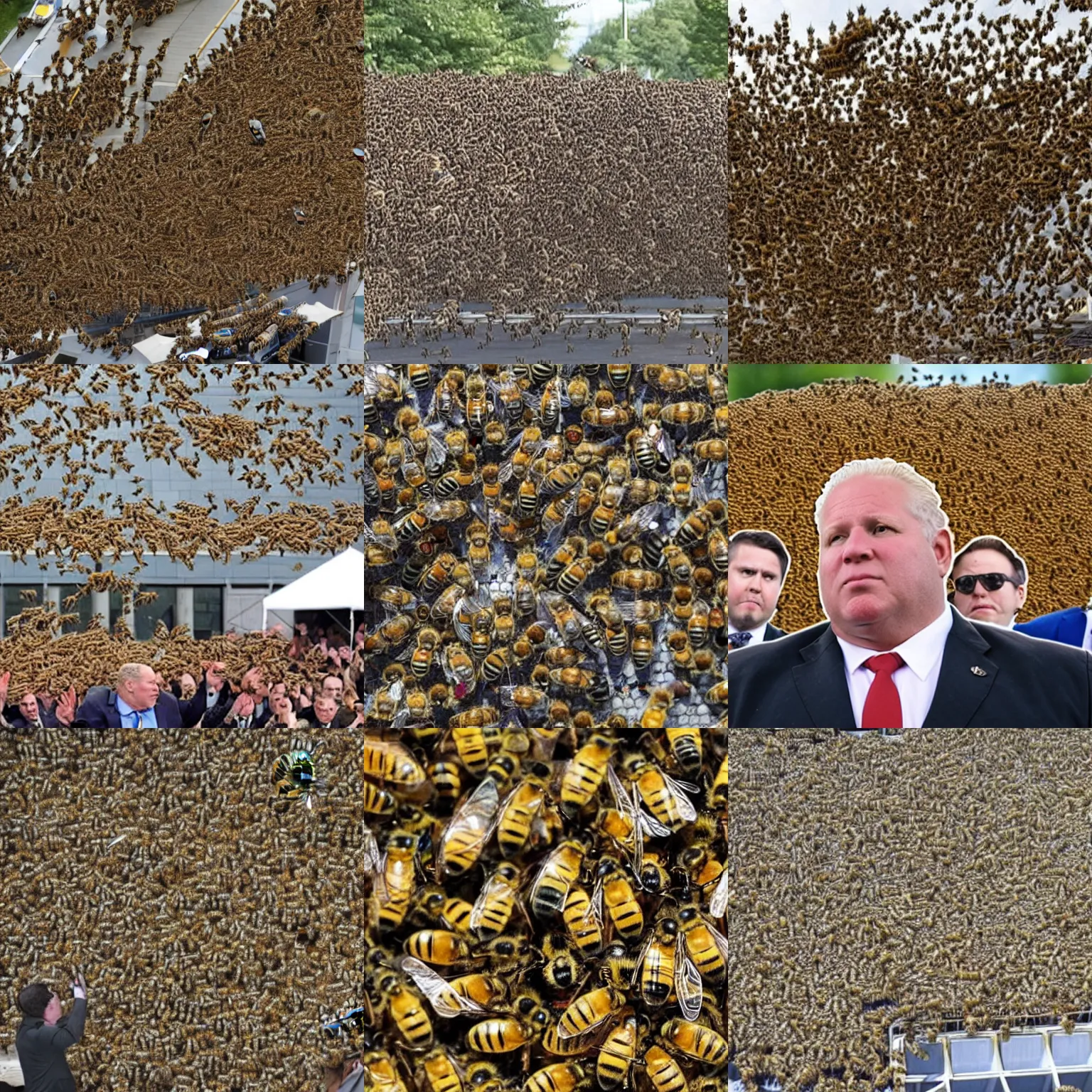 Prompt: a swarm of angry bees emerges from the mouth of doug ford
