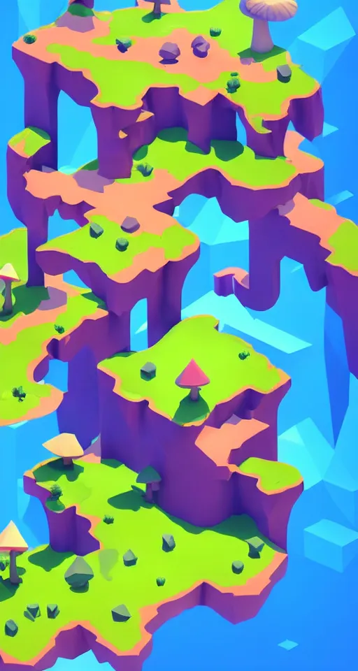 Image similar to a cute little matte low poly isometric mushroom island, waterfalls, lat lighting, soft shadows, trending on artstation, 3d render, monument valley, fez video game,