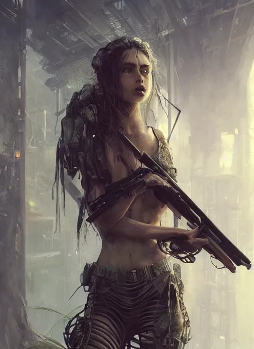 Prompt: young beautiful cute tribal woman with a futuristic gun, in a post apocalyptic city overgrown with lush vegetation, by Luis Royo, by Greg Rutkowski, dark, gritty, intricate, volumetric lighting, volumetric atmosphere, concept art, cover illustration, octane render, trending on artstation, 8k