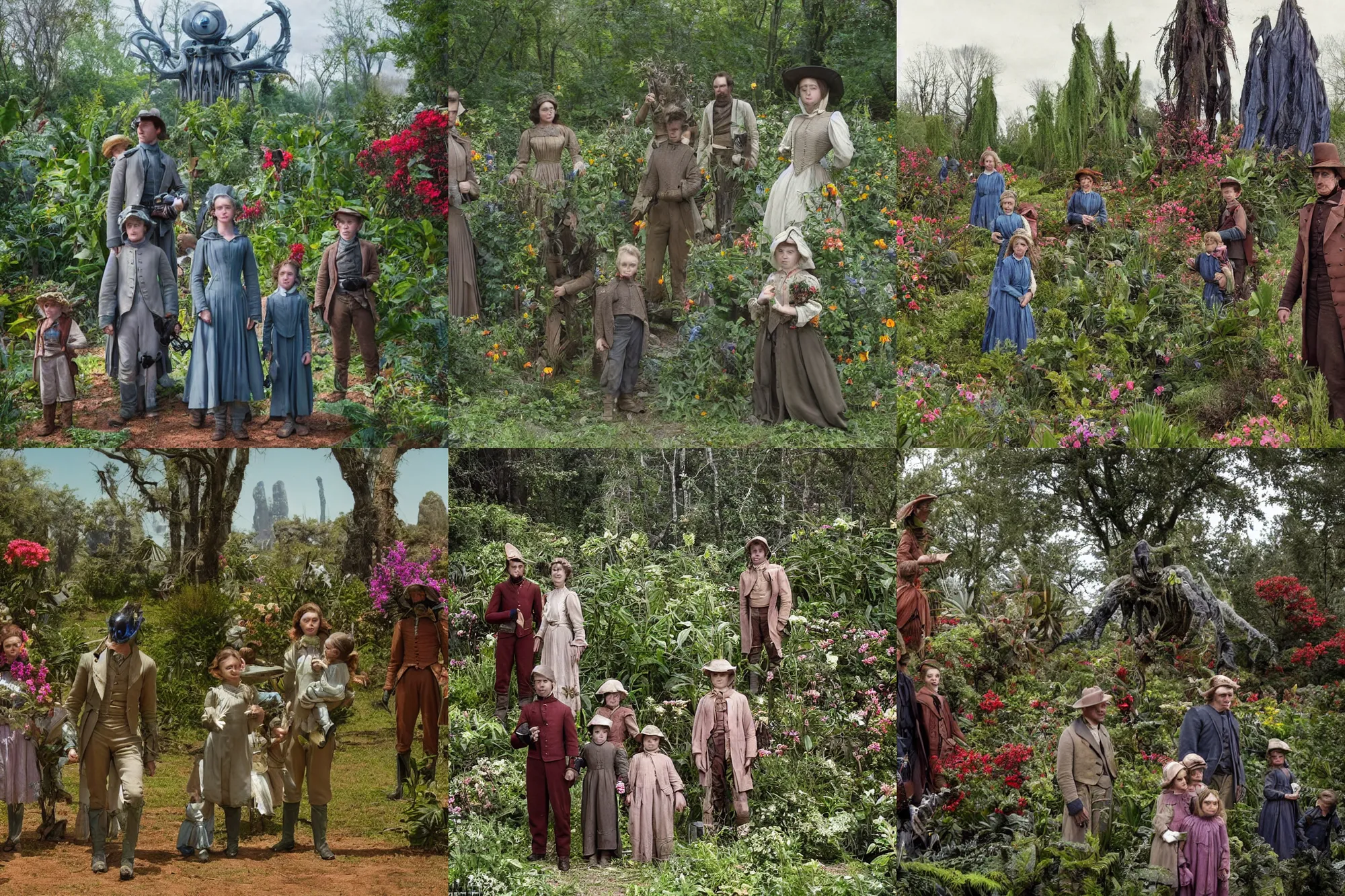 Prompt: sharp, highly detailed, 65536k film, 70000mm film still from a sci fi blockbuster color movie made in 2019, set in 1860, of a family standing in a park, next to some strange alien plants and flowers, on an alien planet, the family are all wearing 1860s era clothes, good lighting, good photography, in focus, 35mm macro lens