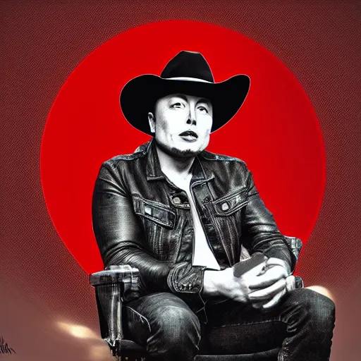 Image similar to elon musk as a cowboy sitting on the chair, digital art