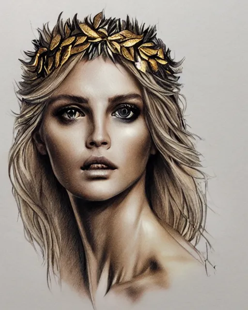 Image similar to tattoo sketch of beautiful super model aphrodite greek goddess wearing a gold laurel wreath and triangle earrings,, beautiful piercing gaze with sharp pupils, beautiful blonde hair, in the style of greg rutkowski, fantasy, amazing detail, epic, elegant, smooth, sharp focus, front view