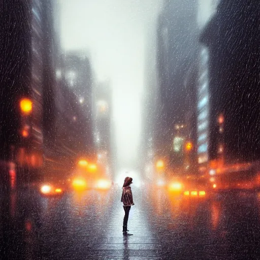 Image similar to detailed intricate digital illustration by greg rutkowski and artgerm and wlop and sanford robinson gifford ; girl standing in windy rainy city street, long exposure light streaks from car lights ; 1 3 mm film, arri alfa anamorphic lens ; sharp focus ; trending on artstation 8 k close view