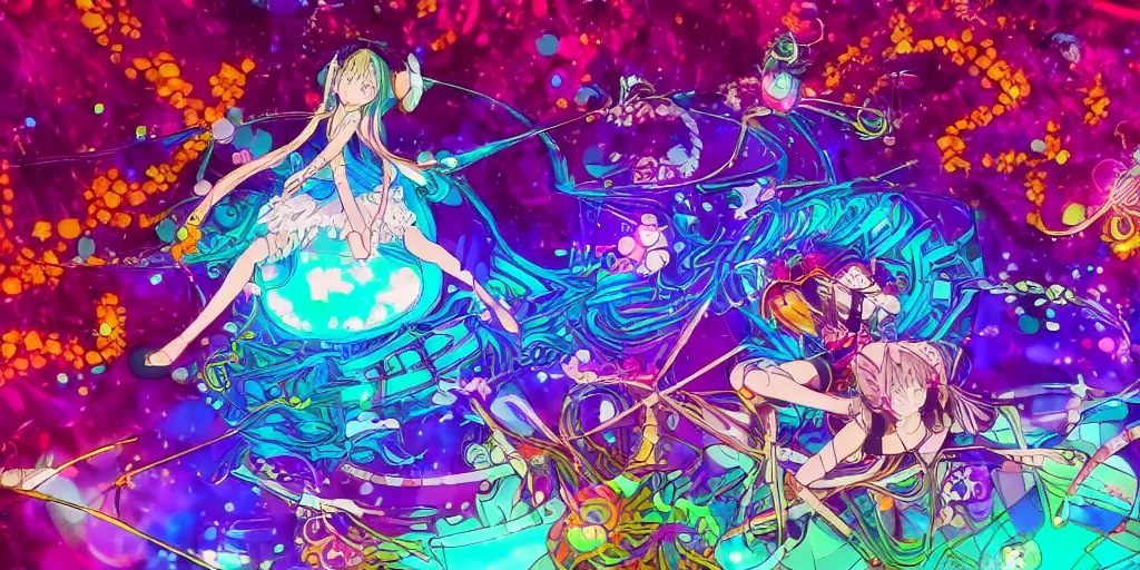 Image similar to Dreamy psychedelic anime, extremely colorful, geometric, Madoka witch labyrinth, patchwork, photoshop, HDR, 4k, 8k