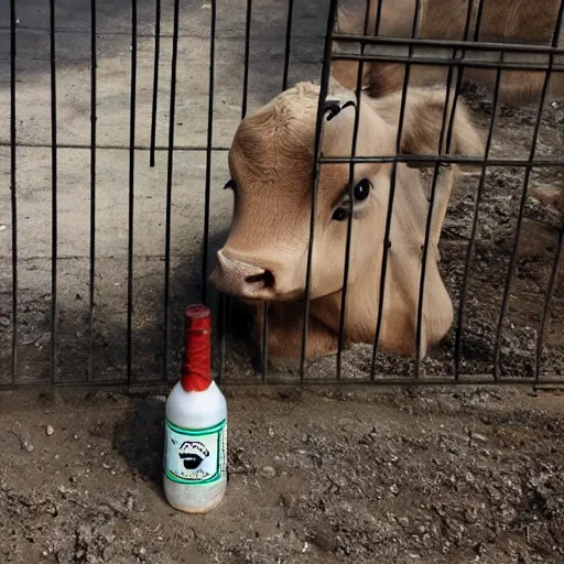 Image similar to chained calf inside a cage looking a bottle of milk