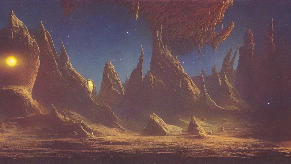 Prompt: otherworldly atmosphere of emissary space by arthur haas and bruce pennington and john schoenherr, cinematic matte painting