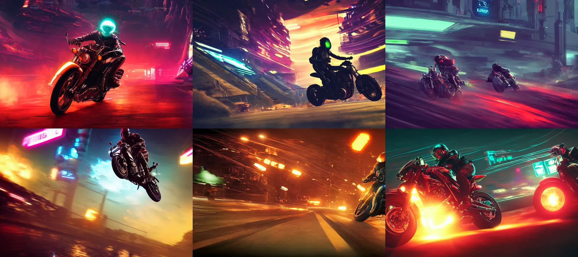 Prompt: photo of a man racing a motorcycle on an alien cyberpunk neon planet, cinematic, atmospheric, 8k, trending on artstation