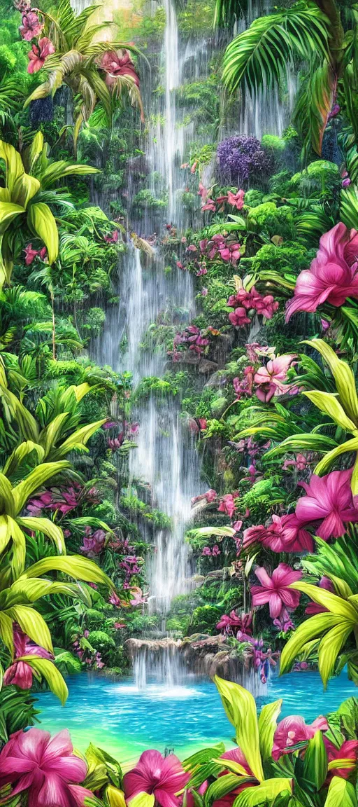 Image similar to cascading concept art of an exotic garden with waterfall pools, and flowers and palm trees, plumeria, hibiscus, detailed, highly detailed, aesthetic, realistic, hyper realism, colorful, in depth, intricate,