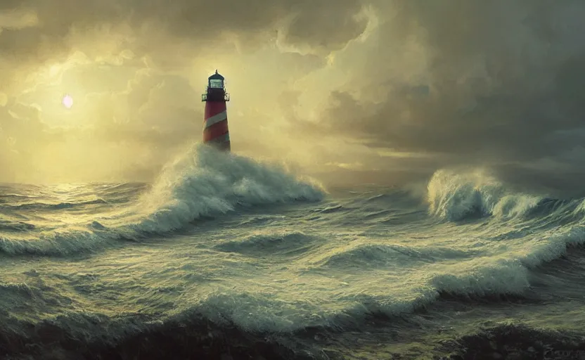 Image similar to painting of a sailing ship in a horrible stormwith big waves, lighthouse at sunset, natural light, concept art, by greg rutkowski, cozy atmospheric and cinematic lighting