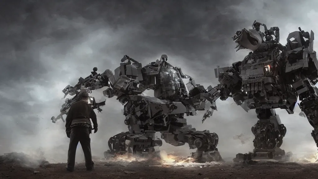 Image similar to bernie sanders putting the finishing touches on an armored weaponized mech robot, cinematic moody lighting, smoky laboratory, sharp focus, imax