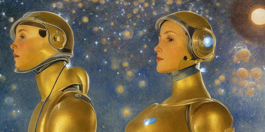 Image similar to portrait of a beautiful chrome female robot wearing a space helmet, reflections, mirroring, stars in space, rich clouds, warm azure tones, heavy lensflare, color bleed, film grain, depth of field, jules bastien - lepage, rudolph belarski, johfra bosschart, alexandre cabanel