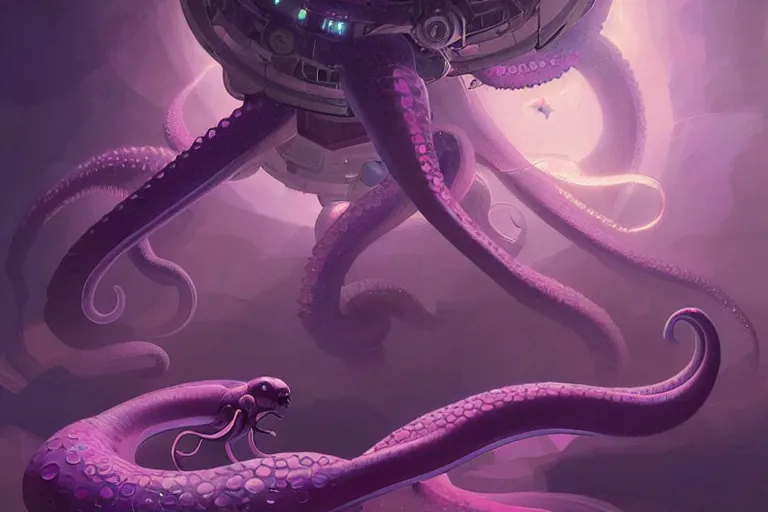 Image similar to Giant purple octopus attack in a space station, elegant, intricate, retrofuturistic digital painting, artstation, concept art, smooth, sharp focus, illustration, art by artgerm and greg rutkowski and alphonse mucha