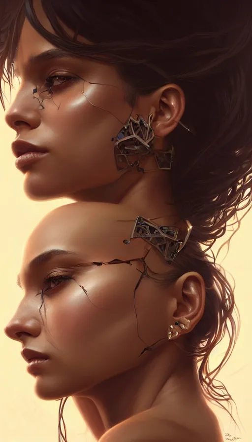 Image similar to symmetry!! zoe kravitz, machine parts embedded into face, intricate, elegant, highly detailed, digital painting, artstation, concept art, smooth, sharp focus, illustration, art by artgerm and greg rutkowski and alphonse mucha, 8 k