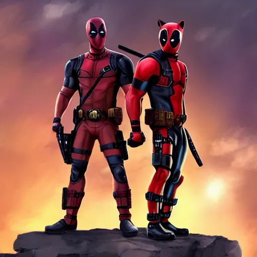 Image similar to deadpool and rocket raccoon together digital art 4 k detailed super realistic