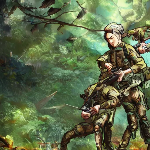 Image similar to vietnam war, cyborg marines in a mutated forest, anime key visual, high detail