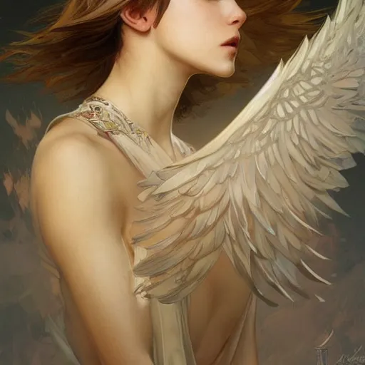 Image similar to portrait of angel wings highly detailed, digital painting, artstation, concept art, smooth, sharp focus, illustration, art by artgerm and greg rutkowski and alphonse mucha