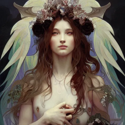 Image similar to a beautiful painting of a beautiful angel by ross tran!! and alphonse mucha and greg rutkowski! and gustav dore! and artgerm!!, in style of digital art illustration. symmetry. highly detailed face. fantasy, smooth, hyper detailed, sharp focus, soft light. trending on artstation. 4 k
