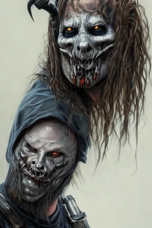 Prompt: high detail fantasy portrait oil painting illustration of slipknot by justin sweet, insane, realistic proportions, d & d, rpg, forgotten realms, artstation trending, high quality, sombre mood, artstation trending, muted colours