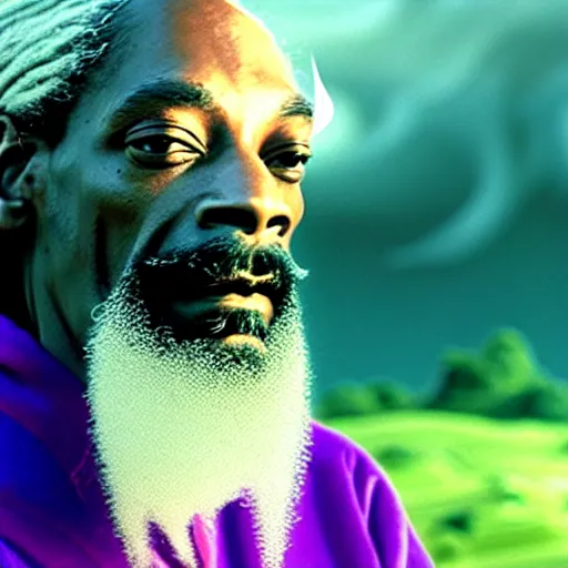 Image similar to snoop dogg with white hair and white beard as gandalf the white, exhaling a huge cloud of magical purple smoke in the vast and lush green fields of the shire, Japanese CGI, VFX, 2003, 40mm lens, shallow depth of field, film photography, volumetric lighting, highly detailed, ultrarealistic