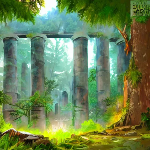 Prompt: ancient ruins in a forest,retrowave art,trending on art station