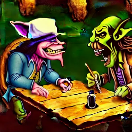 Prompt: a goblin with a large nose and a pirate with a bandana negotiating a contract with Jared Leto in a Western saloon. Pastel