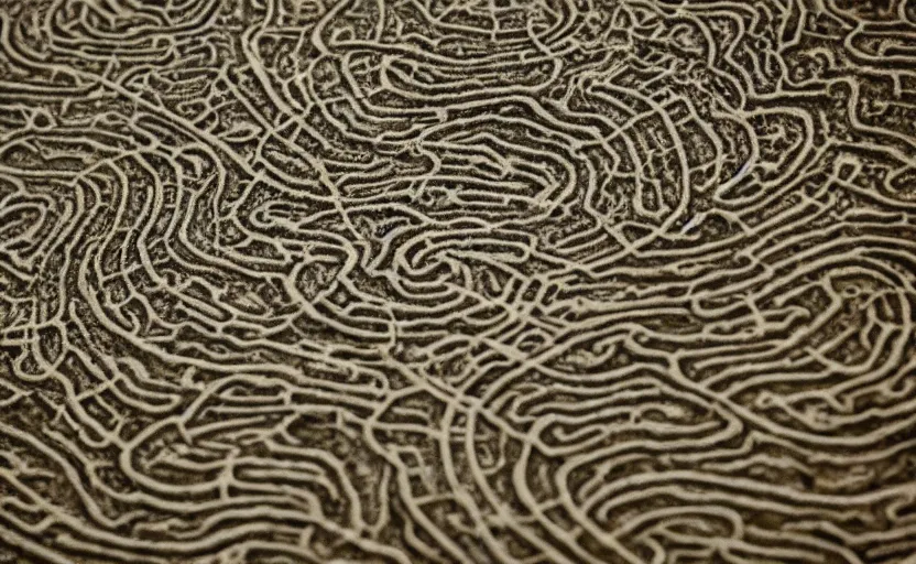 Image similar to sponge with many paths inside, lord of the rings, detailed, close up, mysterious, curiosity,