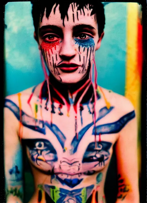 Prompt: detailed color analog medium format photo made by harmony korine, polaroid photo of person with face tatoos in american suburbs, high production value, intricate details, 8 k resolution, hyperrealistic, hdr, photorealistic, high definition, tehnicolor, award - winning photography, masterpiece, amazing colors,