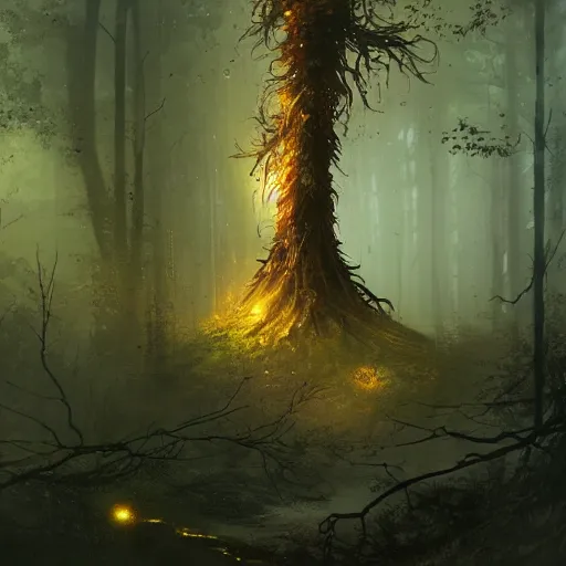 Image similar to living tree, in the shape of a rat with legs tail and yellow eyes, dark forest with black colour, by greg rutkowski, trending on art station, highly detailed, magic the gathering, matte painting