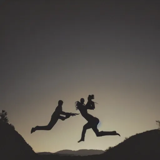 Image similar to a man holding a woman jumps into the air. the two figures are black silhouettes