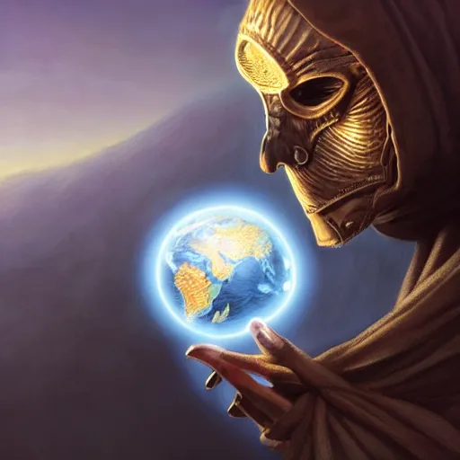 Image similar to masked nomad male wearing a cloak on an alien world and holding a holographic planet projection in his hand, detailed, sci - fi, digital painting, artstation, sharp focus, illustration, ominous, artgerm, tomasz alen kopera, peter mohrbacher, donato giancola, joseph christian leyendecker, wlop, frank frazetta