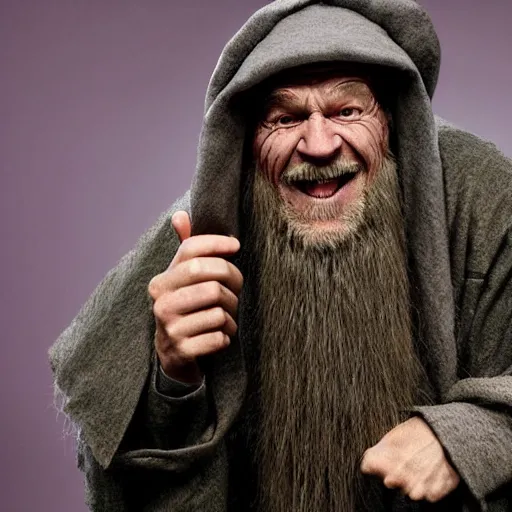 Image similar to john cena as an old druid wizard, bald, bushy grey eyebrows, long grey hair, disheveled, wise old man, wearing a grey wizard hat, wearing a purple detailed coat, a bushy grey beard, sorcerer, he is a mad old man, laughing and yelling