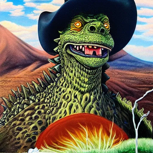 Image similar to beautiful lifelike painting of godzilla wearing a cowboy hat, hyperreal detailed facial features and uv lighting, art by ed roth and basil wolverton