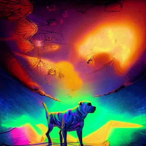 Prompt: psychedelic pit bull magic, at gentle dawn neon light, highly detailed, artistic composition, sharp focus, intricate concept art, digital painting, colorful flat surreal design, hd, 8 k, artstation, ambient lighting