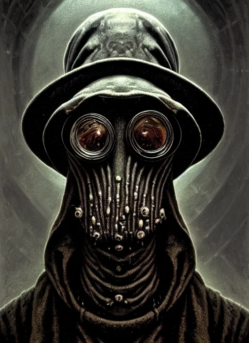 Image similar to stunning portrait of grotesque and horrifying plague doctor, victorian era, lovecraftian horror, cosmic horror!! cinematic lighting, horror fiction, digital art, winning award masterpiece, fantastically beautiful, aesthetically inspired by wayne barlowe and gerald brom, trending on artstation, art by greg rutkowski and h r giger, octane render, 8 k