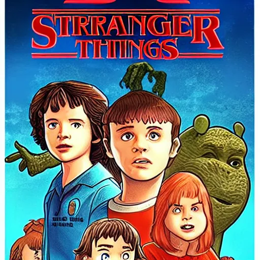 Prompt: stranger things cartoon series starring eleven and shrek