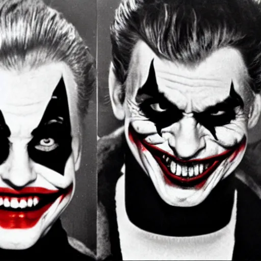 Prompt: 1960 black and white mug shot of The Joker and Harley Quinn