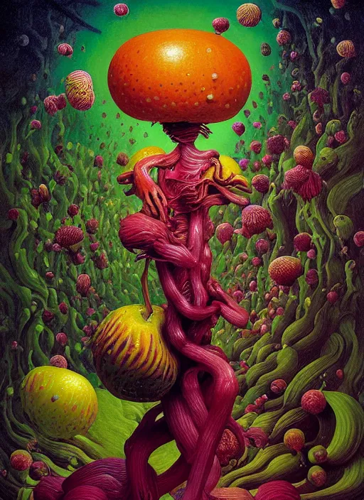 Image similar to hyper detailed Oil painting - She Eats of the Strangling Fruit and Her gossamer polyp blossoms bring iridescent fungal flowers whose spores black the foolish stars by Jacek Yerka, Mariusz Lewandowski, Abstract brush strokes, Masterpiece, Edward Hopper and James Gilleard, Zdzislaw Beksinski, Mark Ryden, Wolfgang Lettl, hints of Yayoi Kasuma