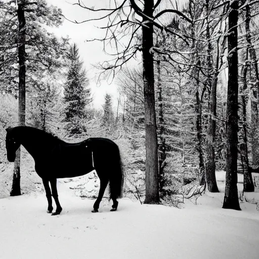 Prompt: Medieval princess in vintage cloak cape riding a black wild horse in distance. Background green trees spruce forest, spring winter nature melted snow , Kodak TRI-X 400, melancholic